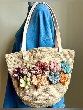 Handwoven Raffia Tote with Multicolor Floral Accents and Leather Straps
